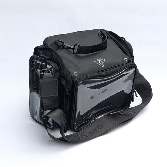 Moth Pro set bag, front angled view with adjustable shoulder strap and clear vinyl front pocket