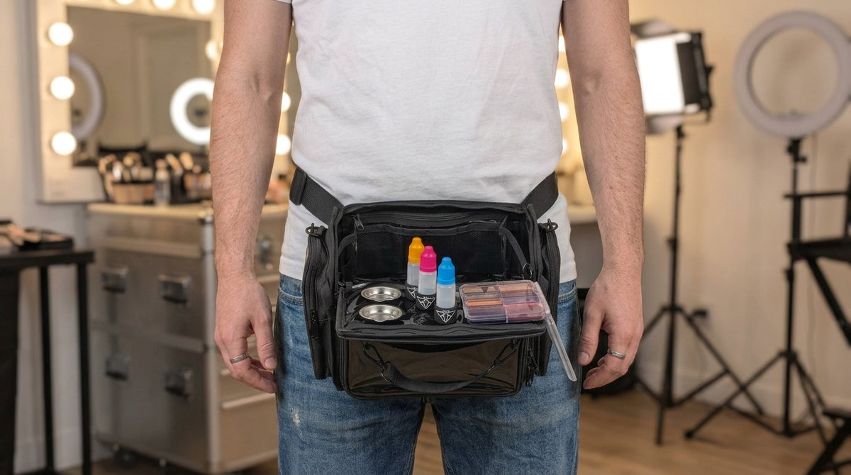 A man wearing a white t-shirt and blue jeans models the Moth pro bag around his waist filled with makeup items, set in a brightly lit makeup studio with a vanity mirror and lighting equipment in the background.