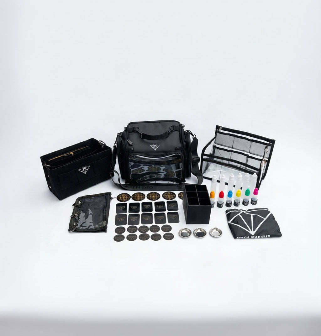 The Moth pro bag with multiple compartments, felt and PVC and brush inserts, bottles, magnets, raincover and mixing dishes