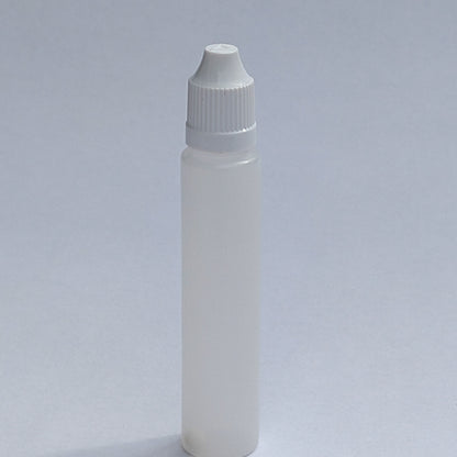 Single long dropper bottle standing upright, full body view