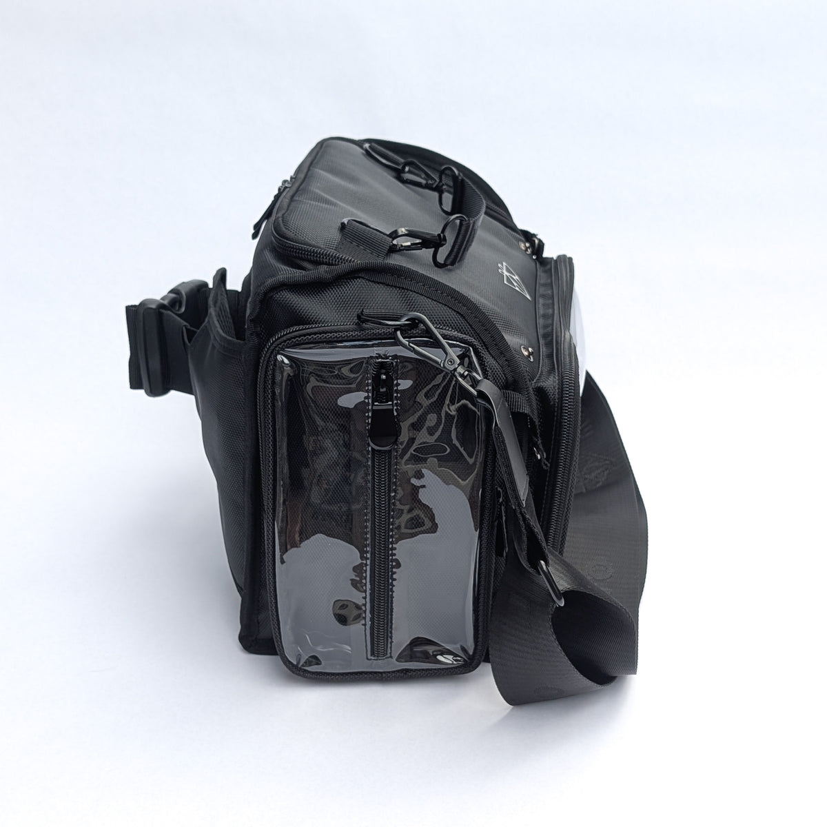 Moth Pro set bag with a glossy transparent front zippered pocket, shown on a clean white background.