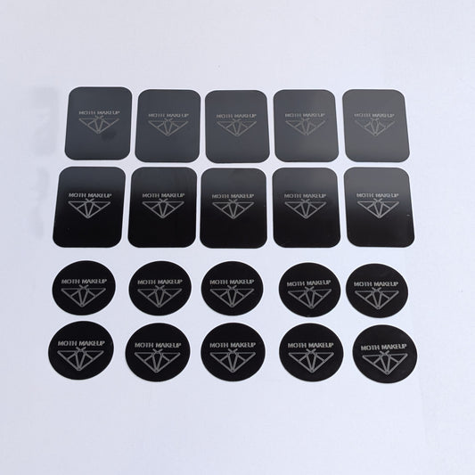 Grid of palette magnets, squares and circles, all Moth Makeup branded