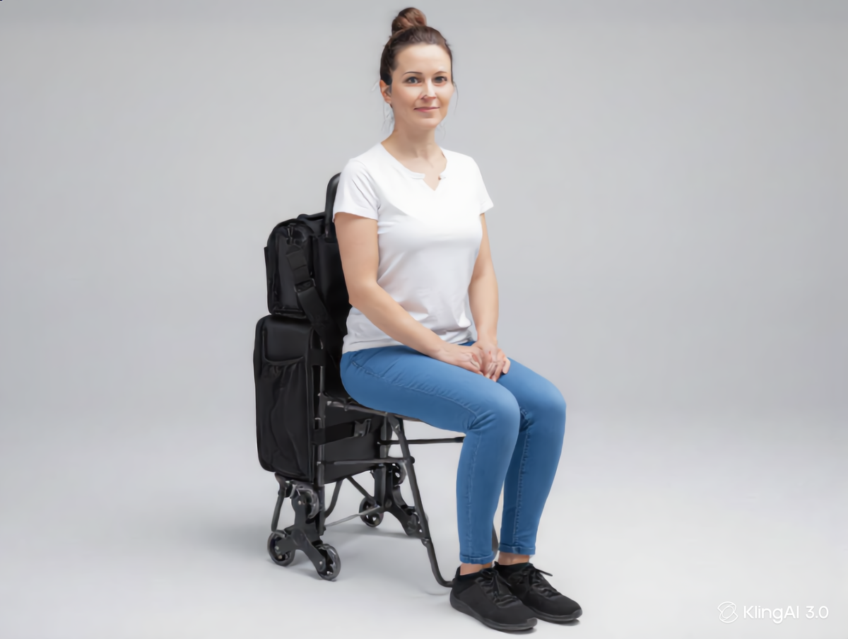 A woman sits on the fold out seat of the Moth pro set system, photographed in a clean studio setting against a light gray background.